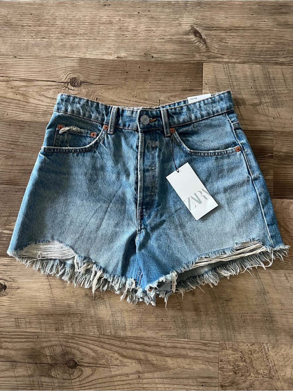 NEW Zara High Waisted Ripped Frayed Denim Jean Shorts 8